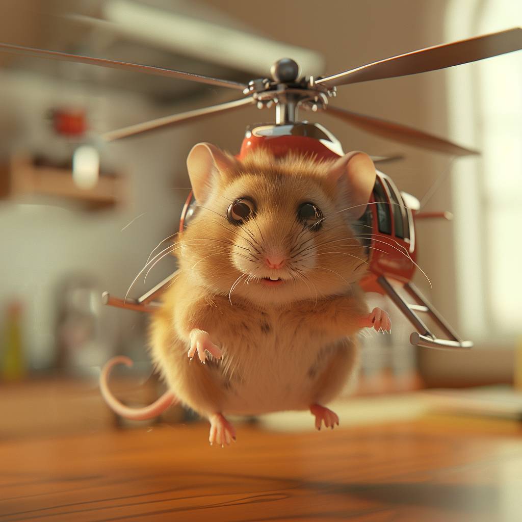 3D rendering of a hamster piloting a miniature helicopter made of household items, in the style of inventive cartoon, focused eyes, bright indoor lighting, playful atmosphere, high resolution, high detail, motion blur, colorful environment.