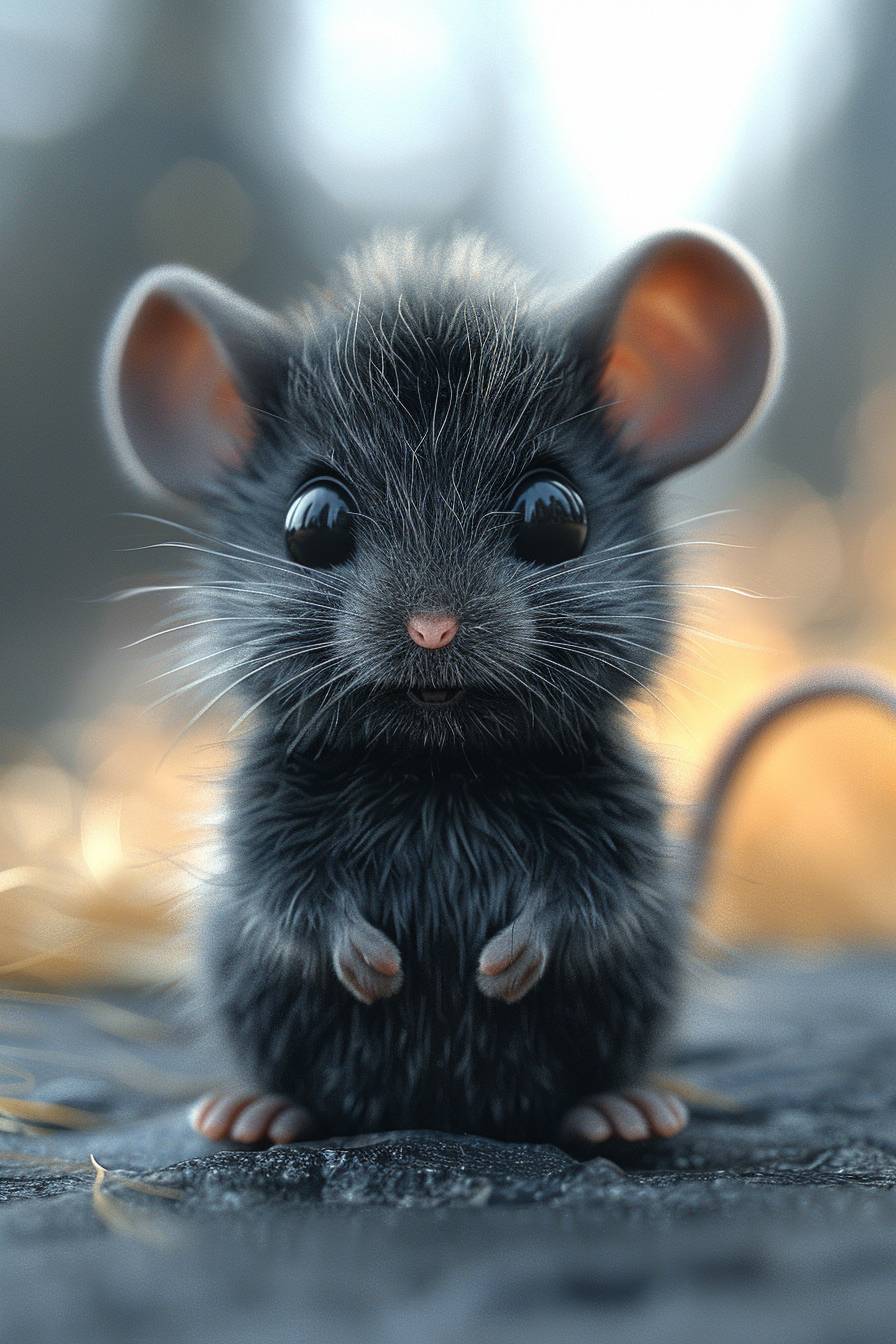 3D rendering of a cute baby mouse with big eyes and fluffy fur. The white background highlights its adorable features. It has large black ears and paws that add to its cuteness. The focus is sharp and clear against a soft grey gradient in the background. The style is reminiscent of traditional Chinese ink paintings.