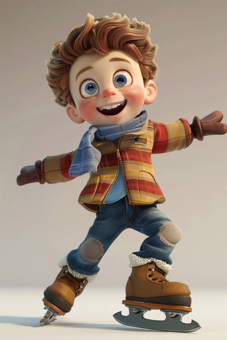 Dissney style a boy wearing ice skates, 3D, a boy, full body visible, head to toe, happy, fun image