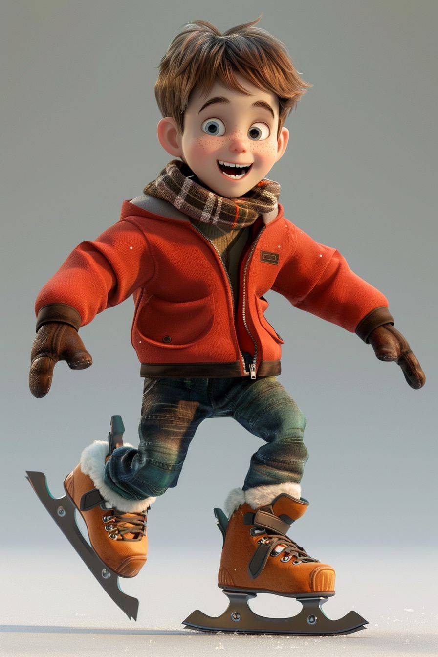 Dissney style a boy wearing ice skates, 3D, a boy, full body visible, head to toe, happy, fun image