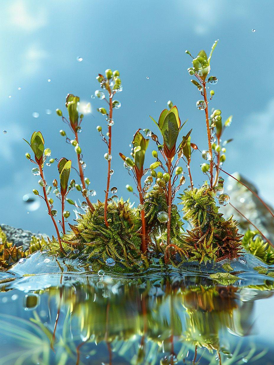 Macro photography, several pieces of dense moss, blue sky background, interspersed with some water, high-definition map, real scene map
