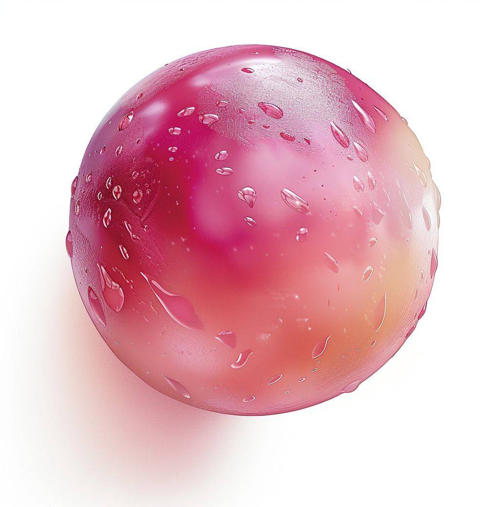 ピンクの桃型のボール、水滴が付いている、ハイパーリアルなスタイル、白い背景、影がなく、高解像度、画像内にテキストはない。角度は上から後ろから。