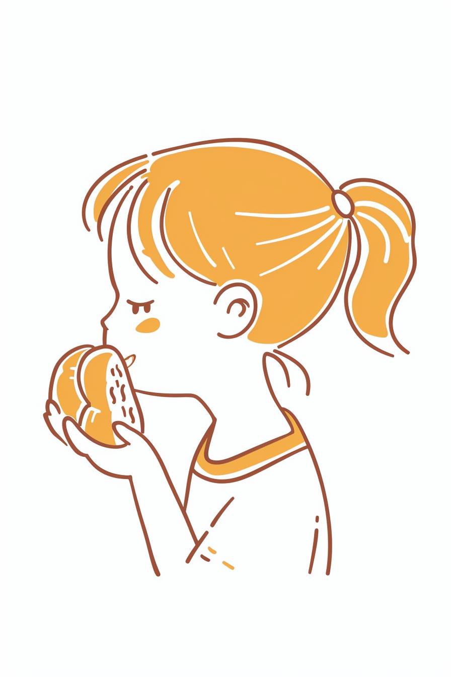 Cute, cartoon style little girl, bread in girl's mouth, bakery logo, side profile view, simple line drawing, white background, vector illustration, minimalist line art style