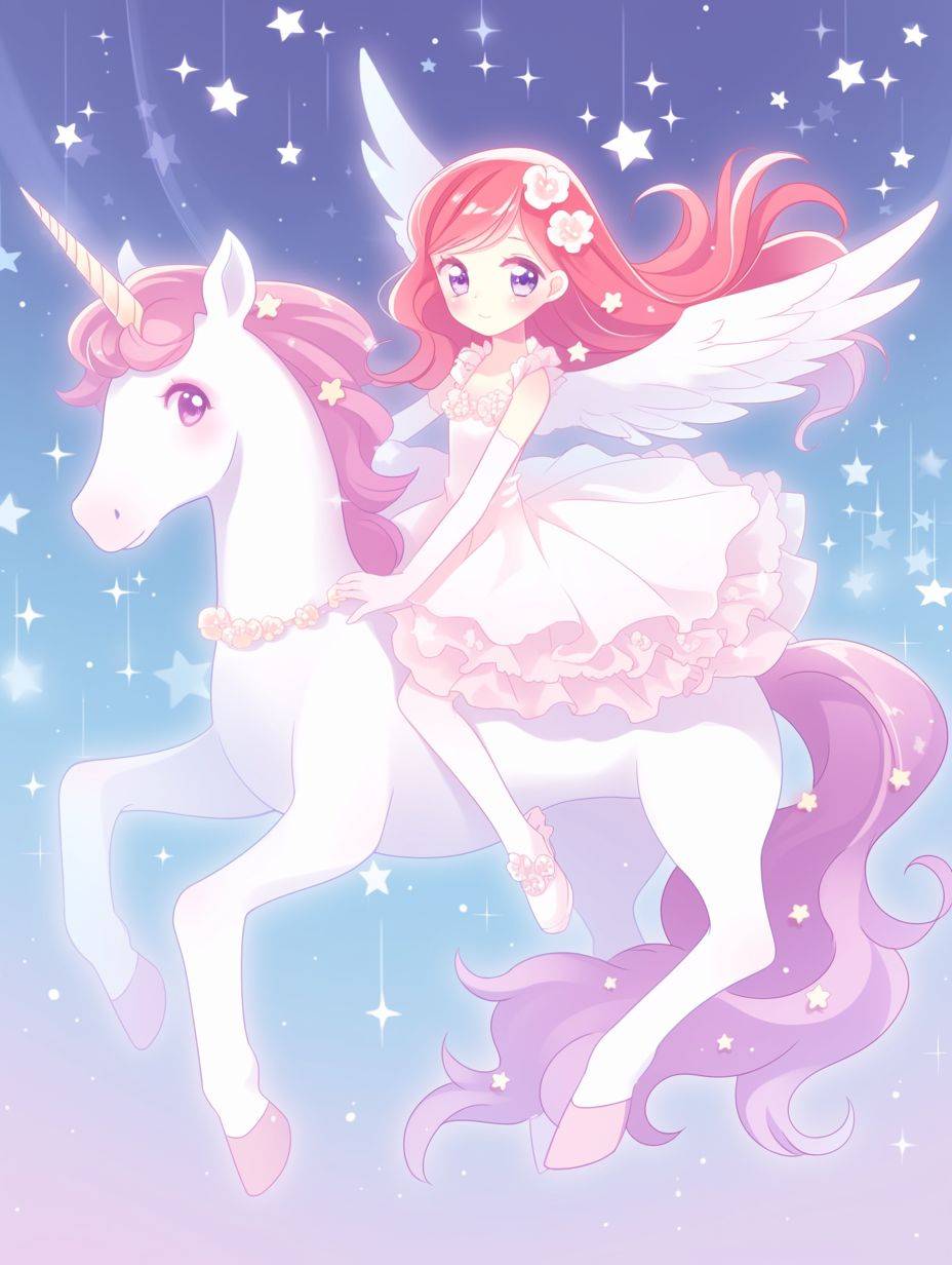 A little fairy riding a unicorn. She is wearing a white dress and has long red hair with pink highlights. The background sky has stars shining in a blue-purple tone. The style is of a children's book illustration - simple, cute, full color with light shadowing and high resolution, high detail, and high definition.