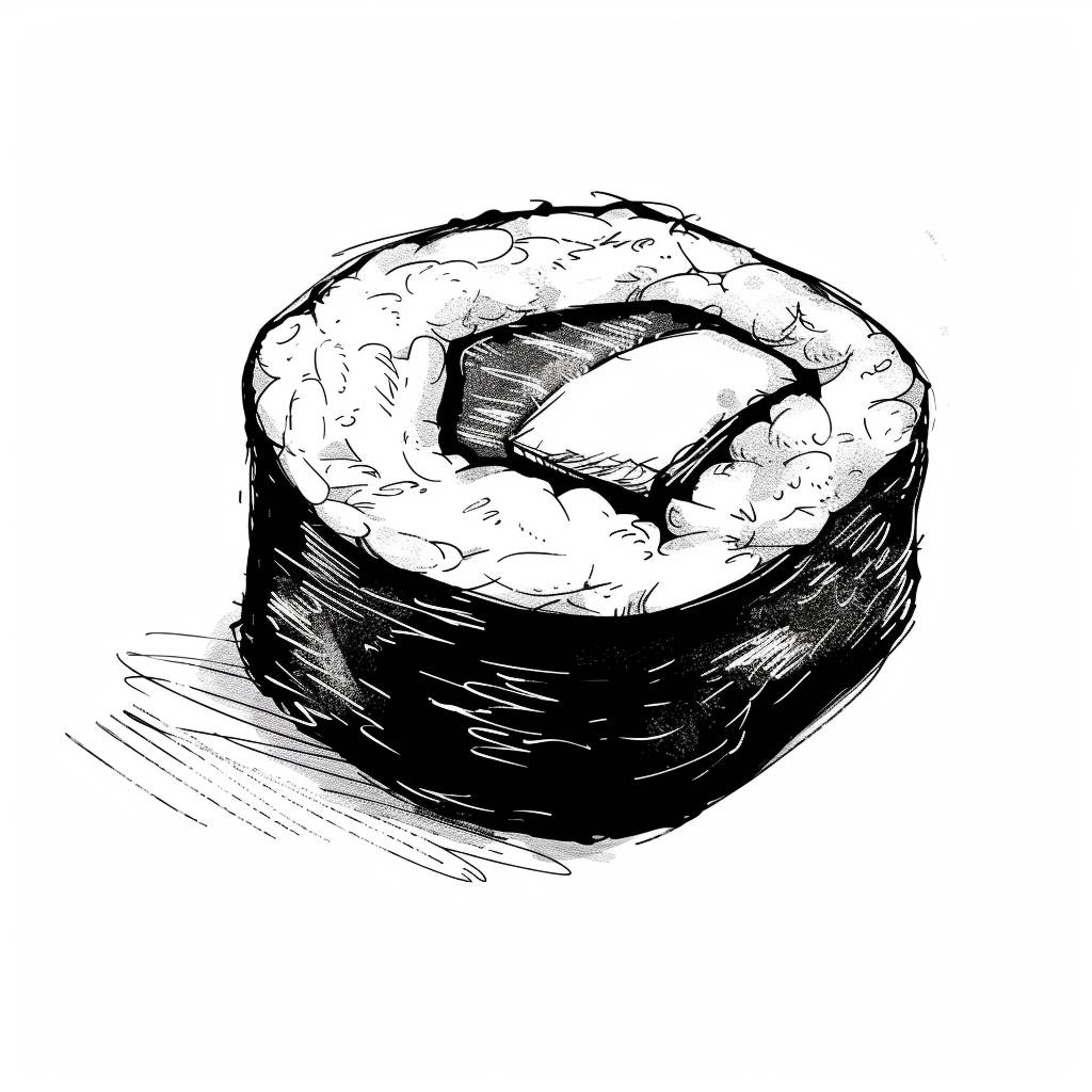 Black and white line sketch of a sushi on a white background, in a fashion design drawing style, with white skin, simple drawing style, simple lines, minimalism, watercolor, white background --v 6.0