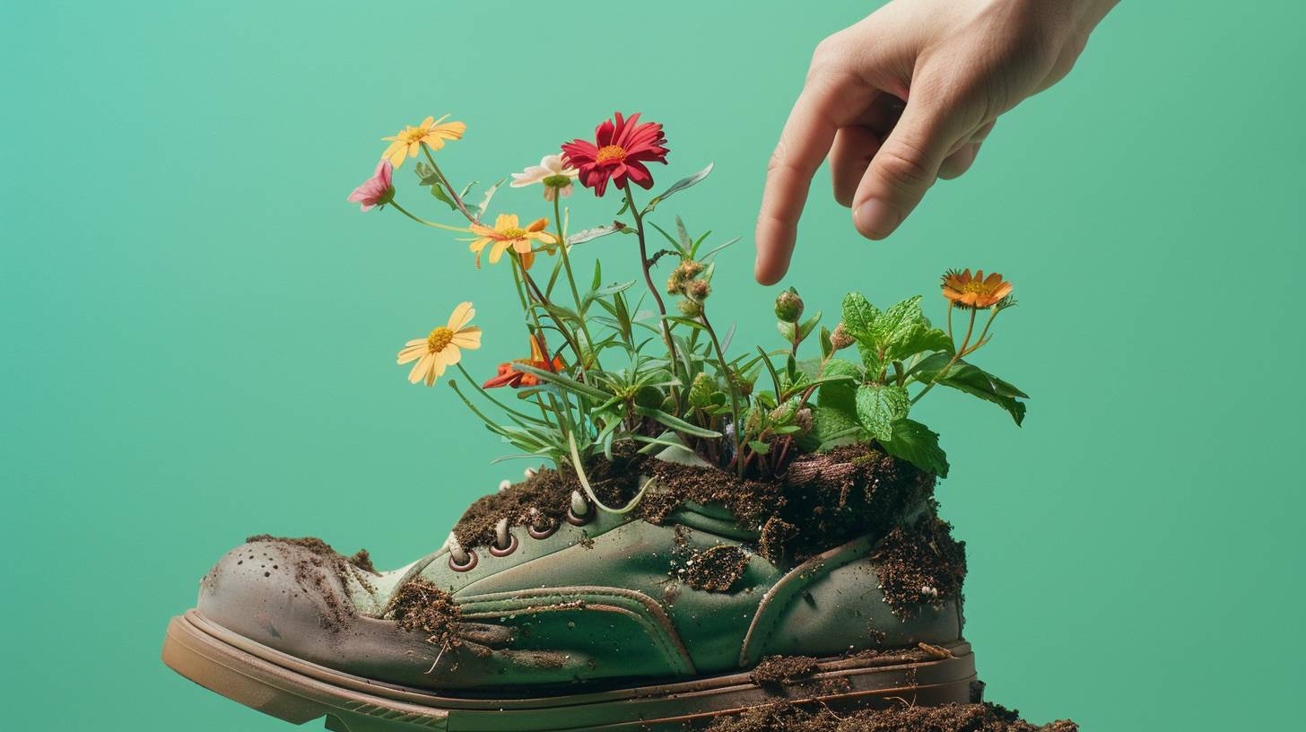 A hand pointing at an open shoe with dirt and flowers growing out of it, green background, studio photography, in the style of Wes Anderson.