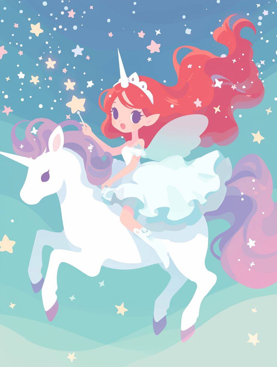 A little fairy riding a unicorn. She is wearing a white dress and has long red hair with pink highlights. The background sky has stars shining in a blue-purple tone. The style is of a children's book illustration - simple, cute, full color with light shadowing and high resolution, high detail, and high definition.