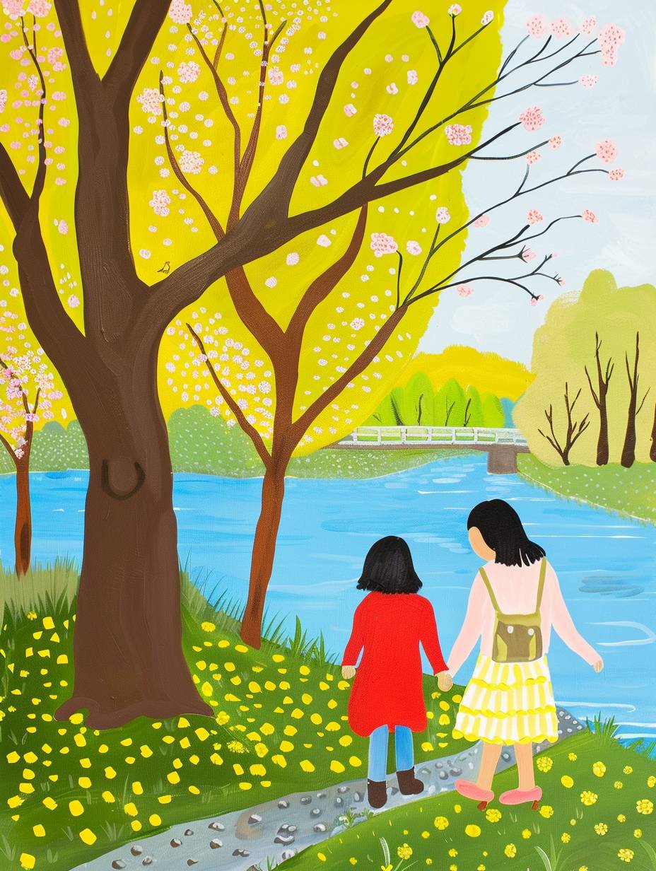 10歳の少女と彼女のお母さんが春の川のそばを歩いている、ジョーン・コルネリア作。