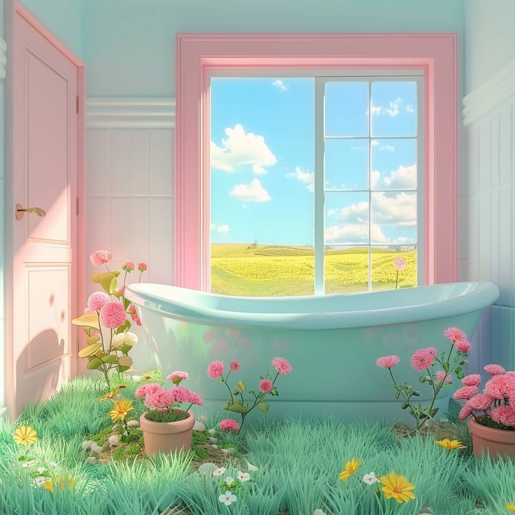 A cute bathroom with a bathtub, a green pastel grass floor, a big window showing a nature landscape view, a pink door, flower pots on the ground, vibrant colors, in the style of fantasy.