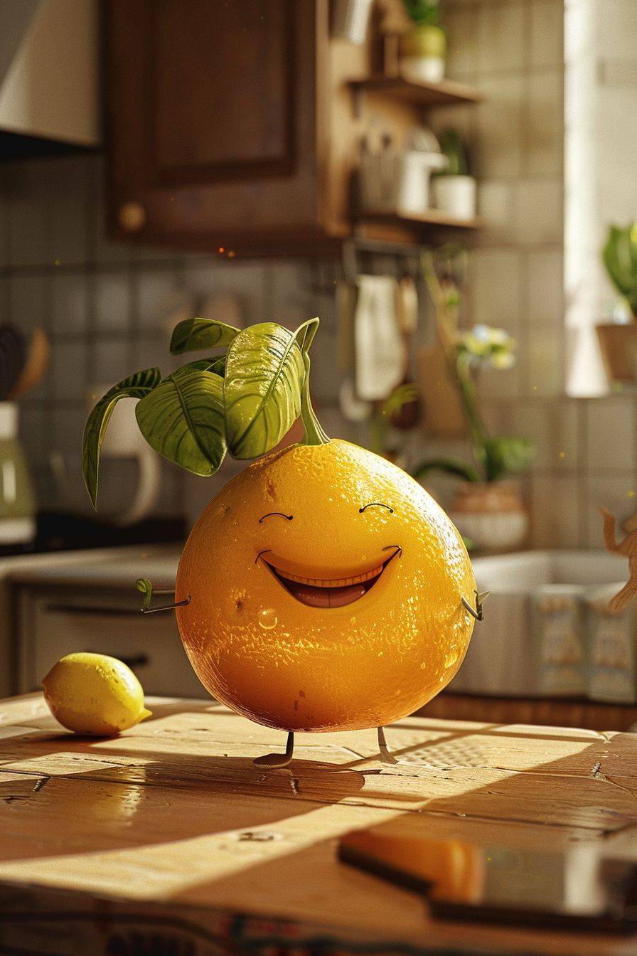 An illustration of Confident Lemon with face and body, in a kitchen, compact, candid shot, Ambient lighting, Laowa Macro Shot, anthropomorphize.