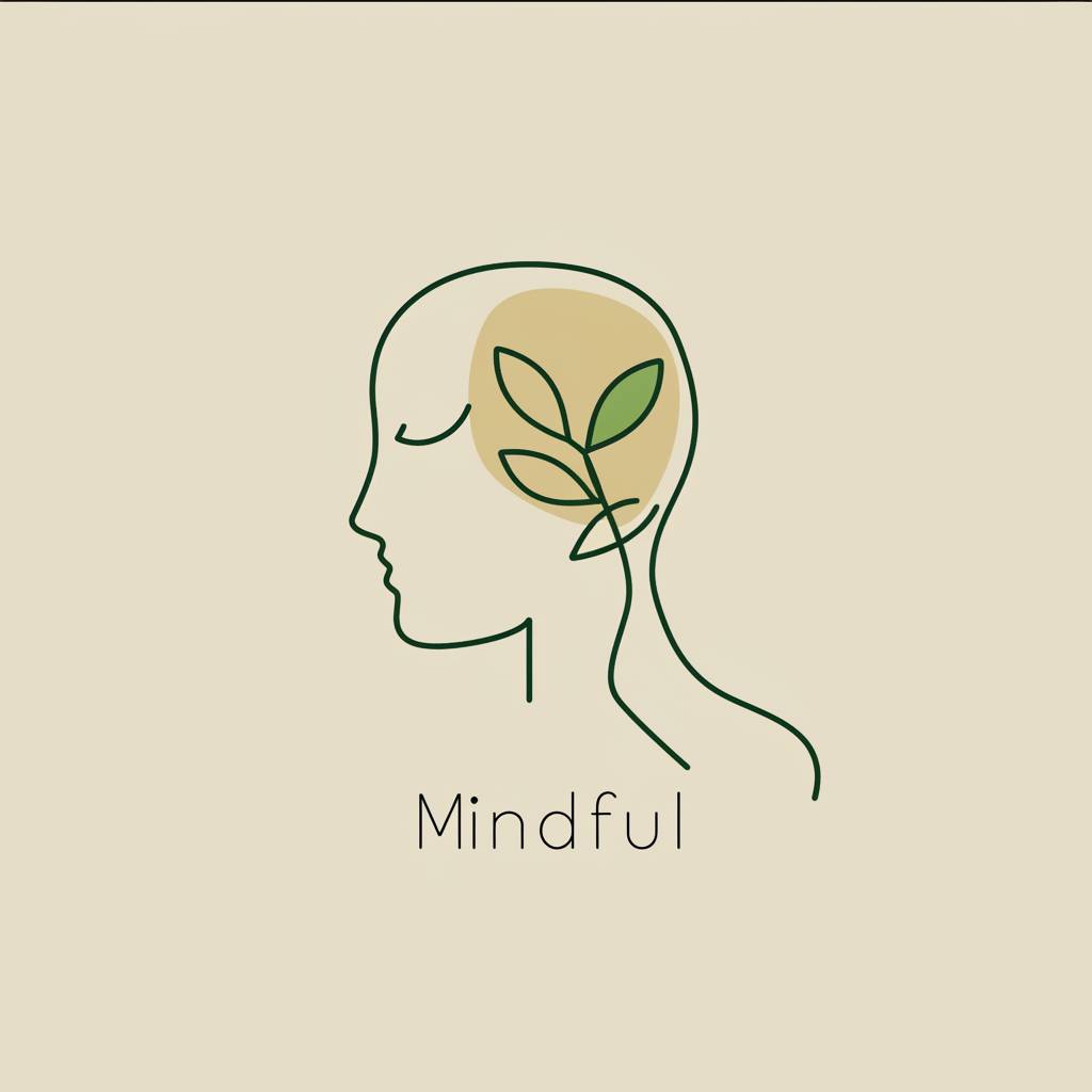 無表情の顔と木を示す心理学者のためのミニマリストロゴ、テキスト「Mindful」、抽象的なラインアート、ベクターイラスト簡単なフラットスタイルデザイン、ベージュの背景、緑と黄色のカラーパレット、心理学デザインのスタイルのシンプルな一部の一部のベクターイラスト