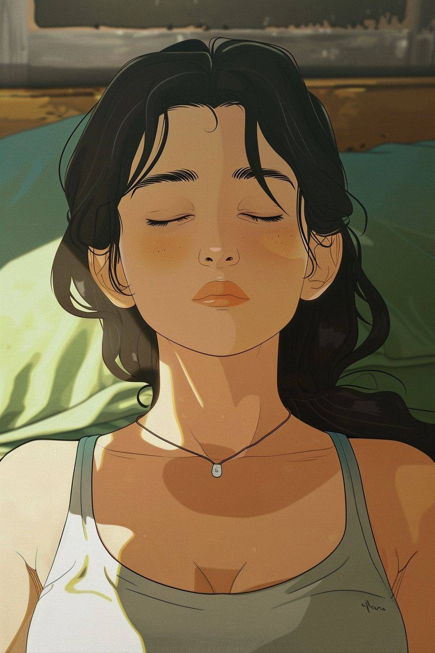 2019年のアニメーションDVDのスクリーンショット、疲れた表情の美しい女性がヨガをする姿、クローズアップショット、2Dアニメーション、手描き、宮崎駿風の活き活きとした詳細