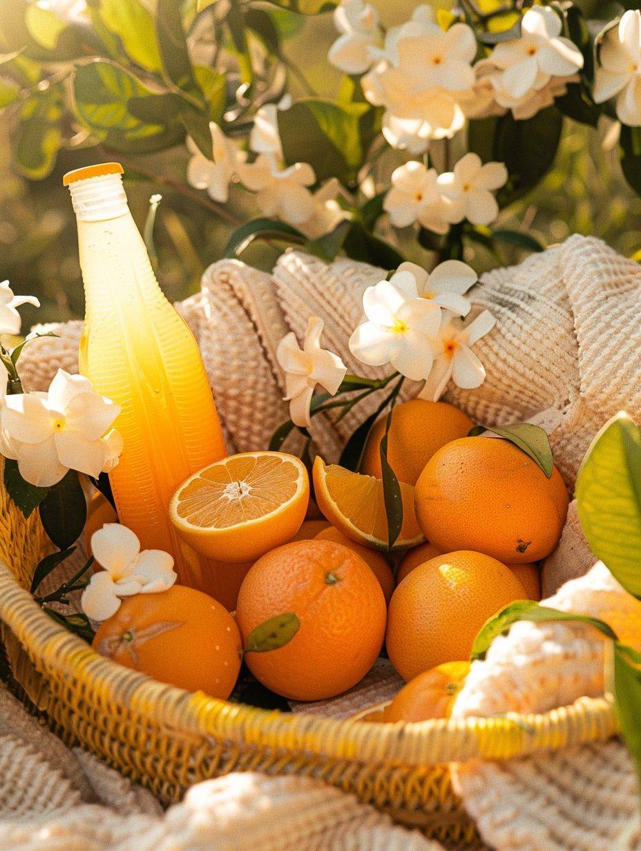 Commercial photography. Close up image of a juice bottle, an orange grapefruit juice bottle, font texture, cut oranges, white gardenia flowers, all piled up in a yellow woven basket, with a white blanket underneath. Outdoor scene, warm sunlight, natural light, overhead angle shotting, close-up, overall warm color tone, realistic, clear.