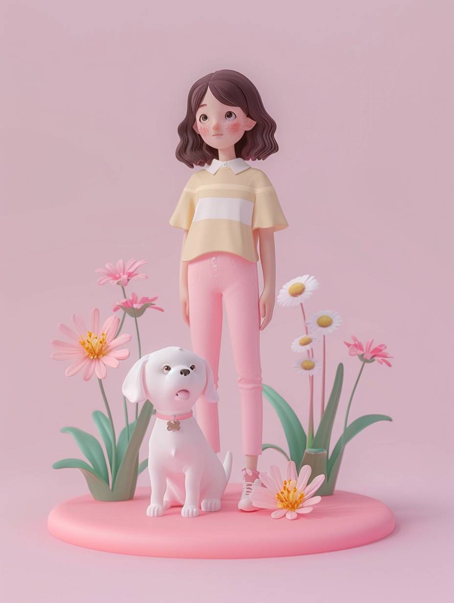 C4Dでの3Dレンダリング。可愛らしいカートゥーンスタイルの女の子が、花と白い犬がいるピンクの台座の上に立って、半袖とピンクのパンツを着用し、シンプルな背景に立っています。低詳細で細部がない8kのスムーズなレンダリング。クリーンなライトパープルの単色背景。最高品質と解像度、影のないカートゥーンスタイルのレンダリング。
