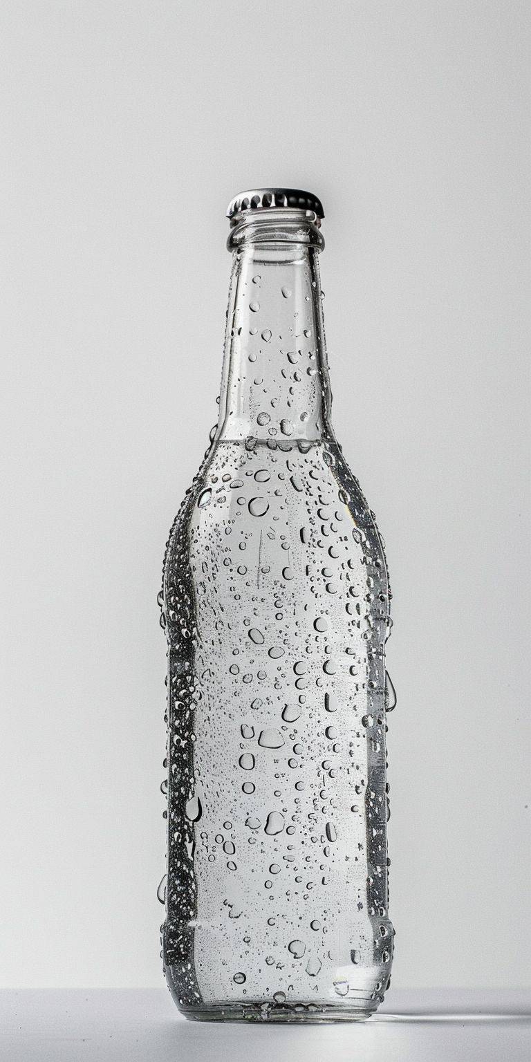 Studio photography of a sweaty transparent glass bottle with small drops on white background