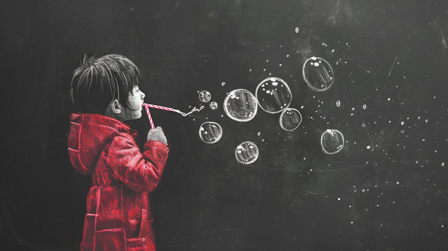 A cute little girl with short hair wearing a red coat is standing at the edge of the picture, holding a straw in her mouth and blowing bubbles. In the middle of the picture, bubbles are blowing out and dancing. This is a children's illustration style, chalk drawing, exquisite picture, simple line-drawing, Blackboard drawing, 8k --ar 16:9 --v 6.0