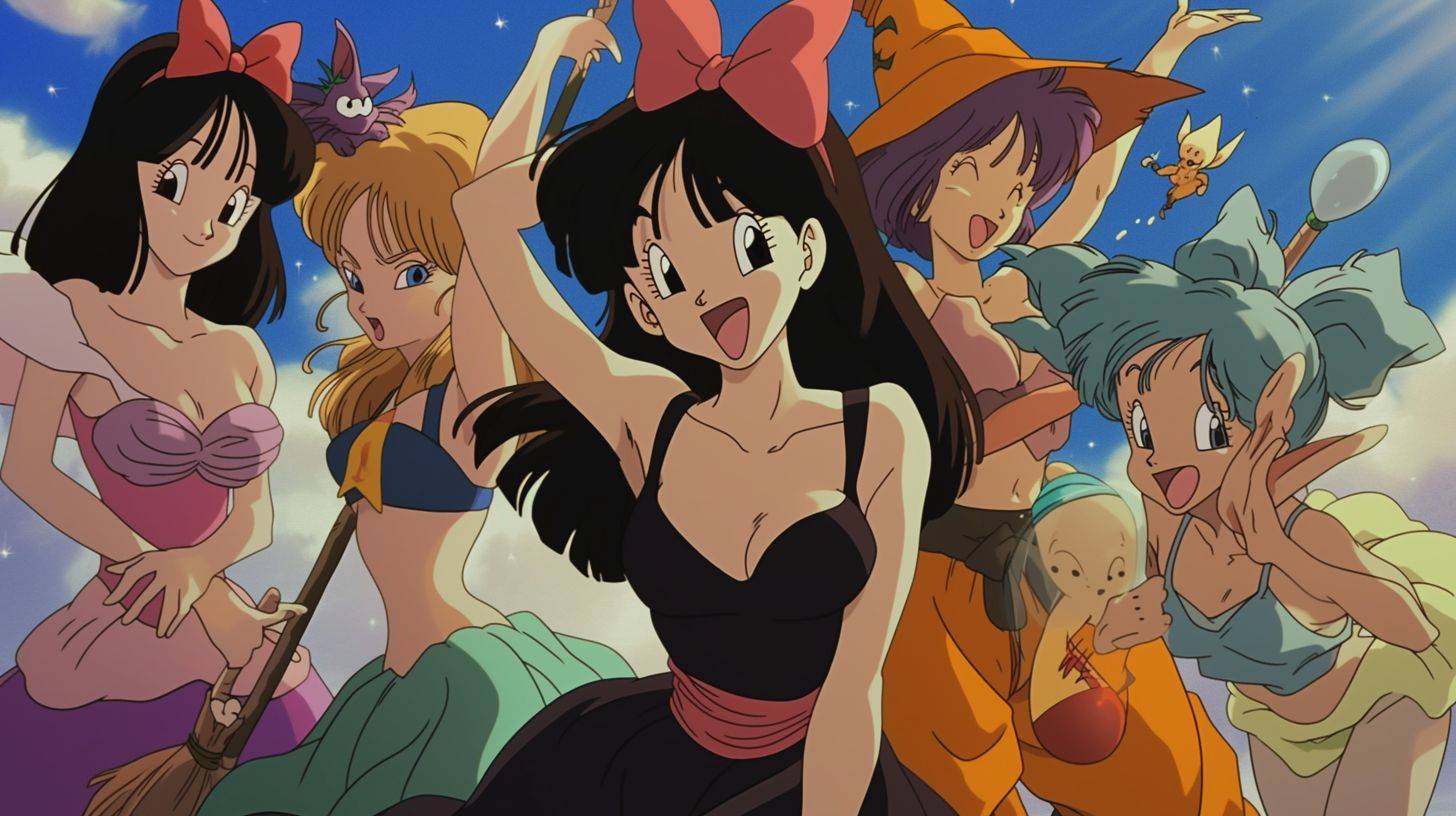 シンデレラ、白雪姫、ティンカーベル、リトル・マーメイドなど、ディズニーキャラクターのグループを、ドラゴンボールZのアニメキャラクターとして表現。アキラ・鳥山のスタイルで90年代のアニメアートを使用したDVDのスクリーンショット。