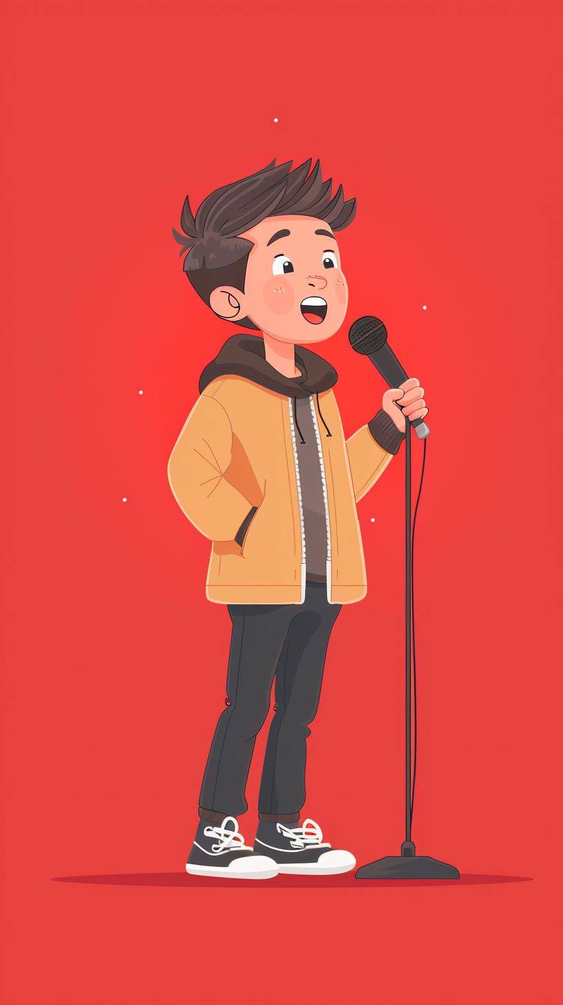 Flat illustration of a Caucasian 10-year-old child singing with a microphone in a singing talent TV show, neutral pure red background, all about the voice, red themed