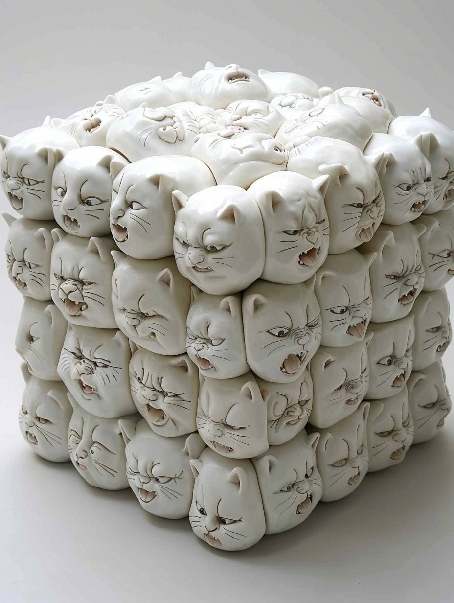 多くの異なる猫の顔と感情で覆われた白い磁器で作られた立方体、これらの猫の顔は非常に表現力豊かな表情を持っており、まるで日本の彫刻のスタイルで笑顔や泣き顔をしているかのように見えます。8k