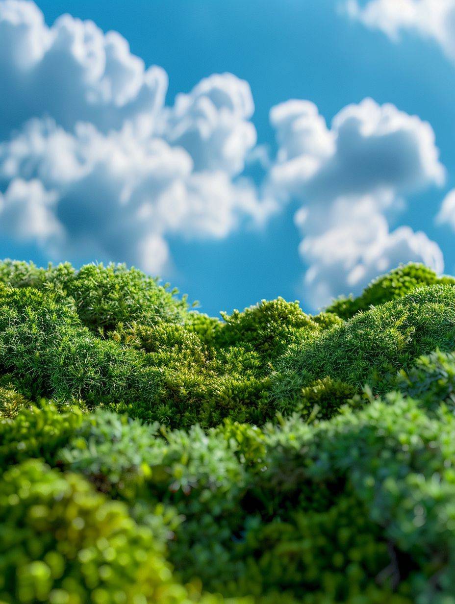 Macro photography, several pieces of dense moss, blue sky background, interspersed with some water, high-definition map, real scene map