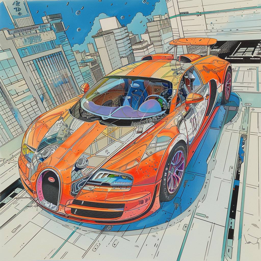 A detailed technical drawing of the Bugatti Veyron with race car livery, on a white paper background, blue sky, pastel colors, in the style of Katsuhiro Otomo and Jean Giraud, ultra detailed, wide angle shot.