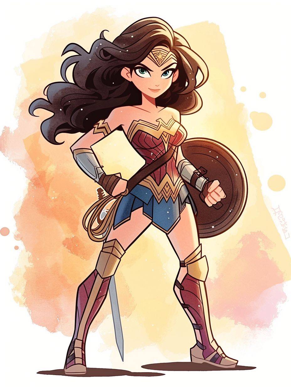 Wonder Woman, Disney style cartoon, depicted in a simple drawing with a watercolor background. The drawing uses simple lines and flat color blocks with a cute expression