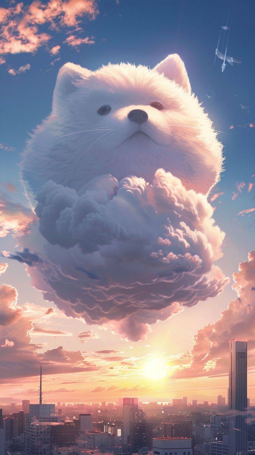 This image depicts a whimsical baby Shiba Inu-shaped cloud looming in the sky at sunrise. This pure white Shiba Inu-shaped cloud is enormous, its fluffy white body filling the sky with distinct dog-shaped features all over its body. Cloud-like whiskers extend from its face, and its eyes are tiny black dots. The clouds, with their face rubbing gestures, are so detailed that it appears as if a giant dog is sitting on a cloud pedestal, looking beyond the horizon. On the ground, the city of Odaiba, Tokyo, can be seen. The bright sunrise shines in a bright blue sky dotted with small cumulonimbus clouds. Realistic and photorealistic, 16k.