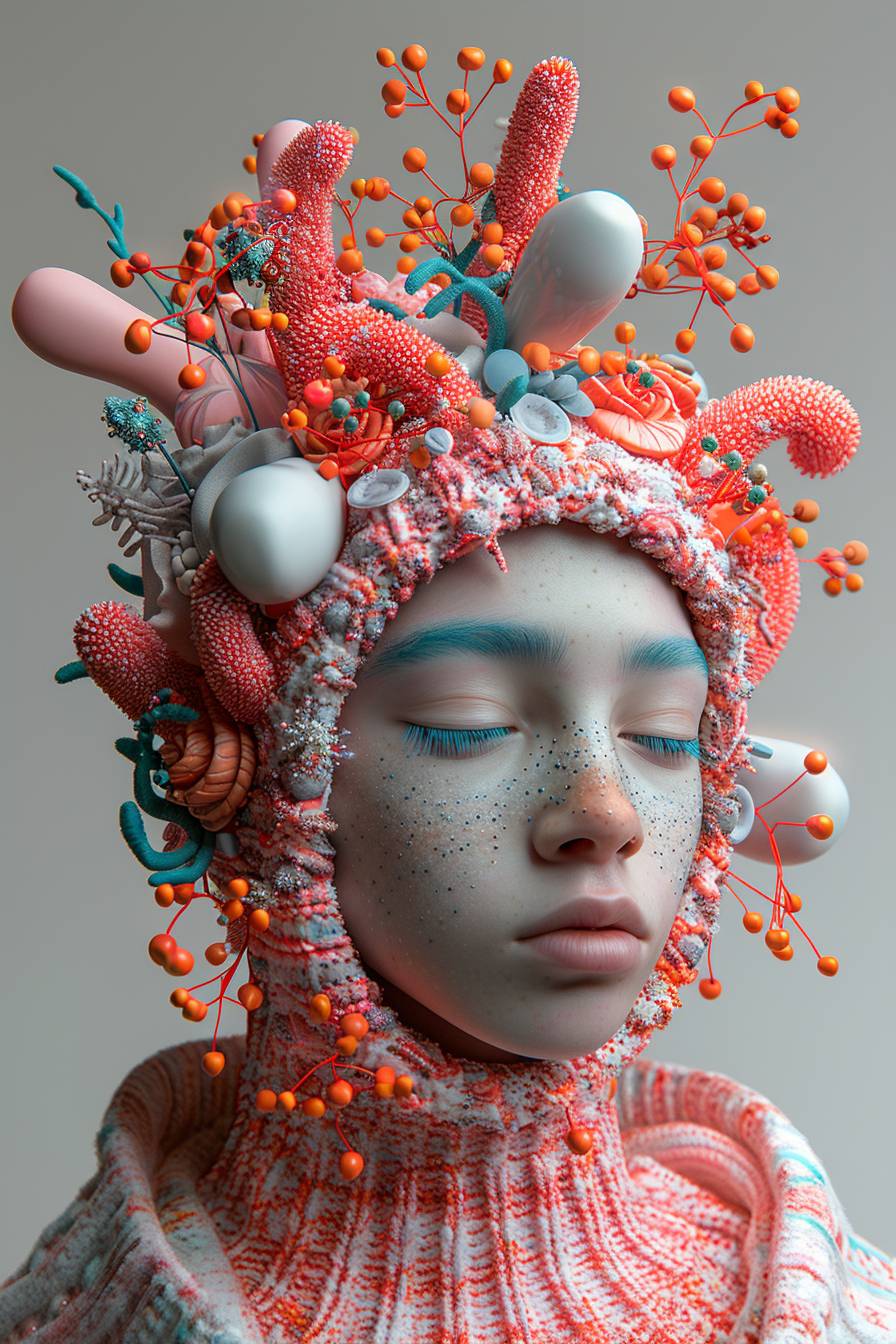 A close-up digital art of a person wearing a beanie, inspired by Kubisi art, winner of Behance contest, neo-dada, 3D character concept, covered with barnacles, bubblegum body, walter white fortnite skin, elated gaunt onion head, portrait of machine man, high-quality portrait, cute artwork, pills, full-body shot hyperdetailed