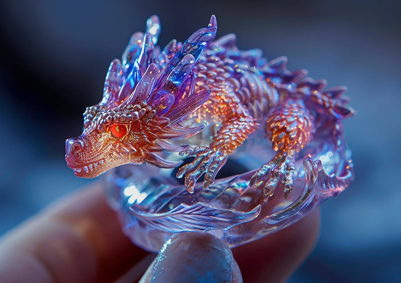 Close-up, a miniature crystal dragon, mounted on a woman's ring, in the style of isomalt crystals, tenebrism, and glowing radiant colors.