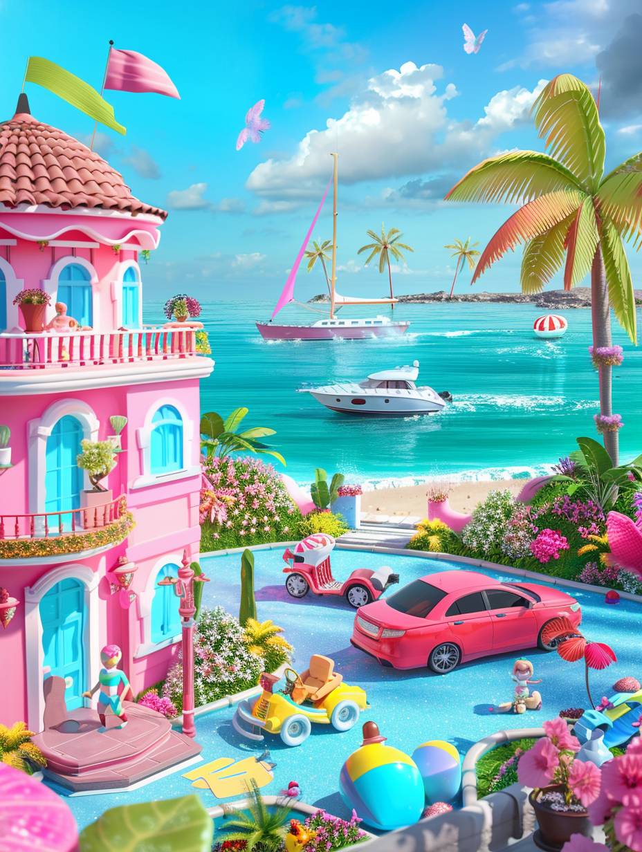 Game design, UI interface, cartoon style game scene with a yacht and car on the beach in front of a villa house, next to it is an island full of toys and dolls, pink walls and roof, blue sky, colorful flowers around the yard, a boat floating at sea behind, Pixar mobile games, cartoon style, bright colors, 3D rendering, high resolution, high detail, high quality, in the style of Pixar.