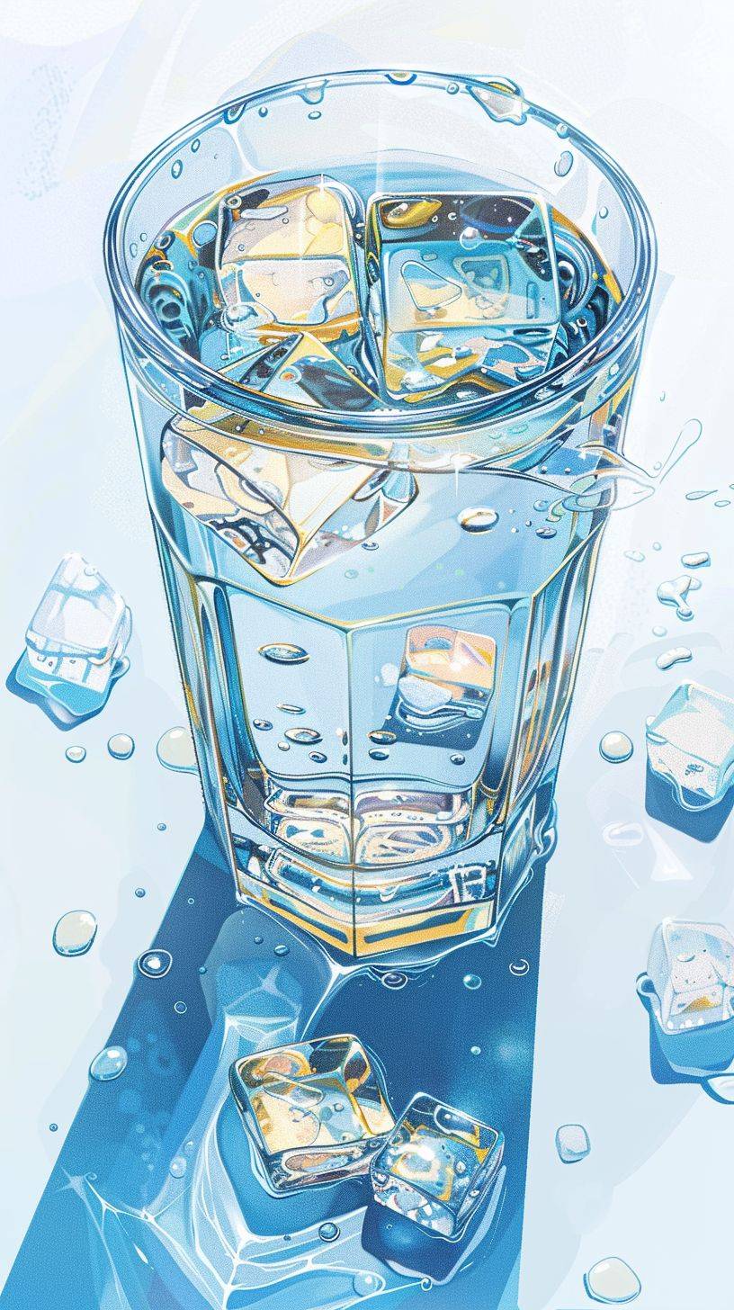 透明なグラスは画面の2/3の位置にあり、45度の角度で見下ろしており、口の部分が1/3だけ露出している。水面にはいくつかの氷が浮かんでおり、そのうち1つは大きすぎる。カップの底部は画面に表示されていません。透明なグラスには氷と黄桃の果肉が入っており、カップの中の水は淡い黄色です。画像は空色で涼しい手描きのイラストのスタイルです--スタイル生--アスペクト比9:16