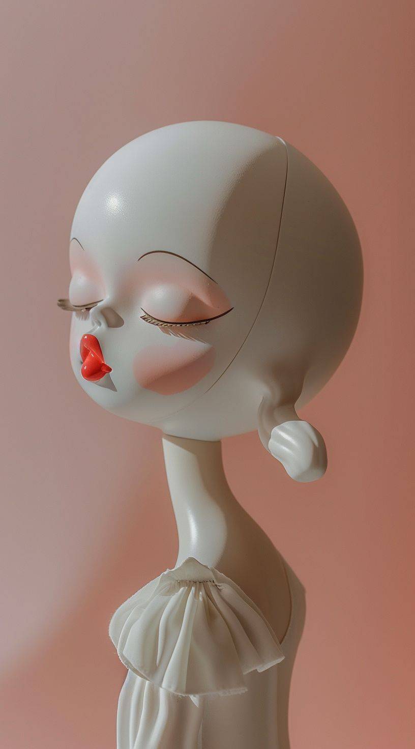 Surrealistic cartoon character with a white and pink color scheme in a low angle shot with exaggerated facial features, wearing a white dress with an open collar and mouth to kiss against a pink background wall in the blind box toy style, a sculptural doll in the shape of an egg with short hair in the blindbox art doll style, with pink painted skin tone in a head closeup, light gray textured skin, hair gently curved around the face, pink lips, closed eyes, long eyelashes, slender eyebrows, and slightly curly bangs in the style of pink painted skin tone.