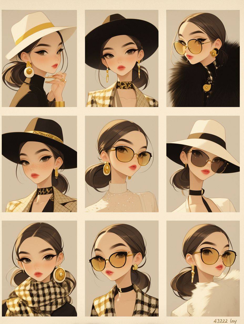 Illustrate the character sheet of fashion icons in cartoon style, showcasing various expressions and poses in the style of TheTanjiro Kamado. Use bold lines to depict different characters with exaggerated features like big eyes or wide smiles, dressed as models from couture brand '432lay'. Highlight their facial details such as freckles on faces, mustaches, hats, scarf, choker, glasses and other accessories. A full page is enough for each panel.