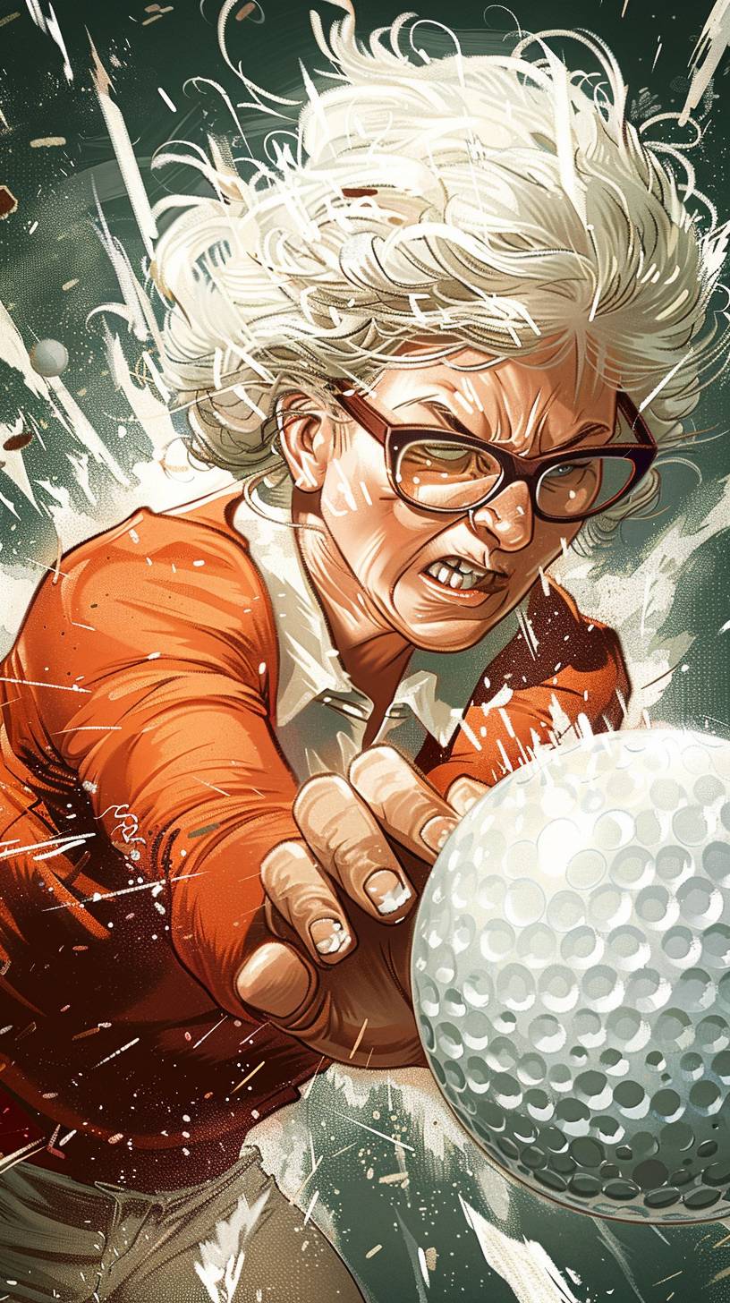 An older woman hitting a large golf ball very hard, wearing glasses, blonde hair, crazy energy, exaggerated scene, manga style