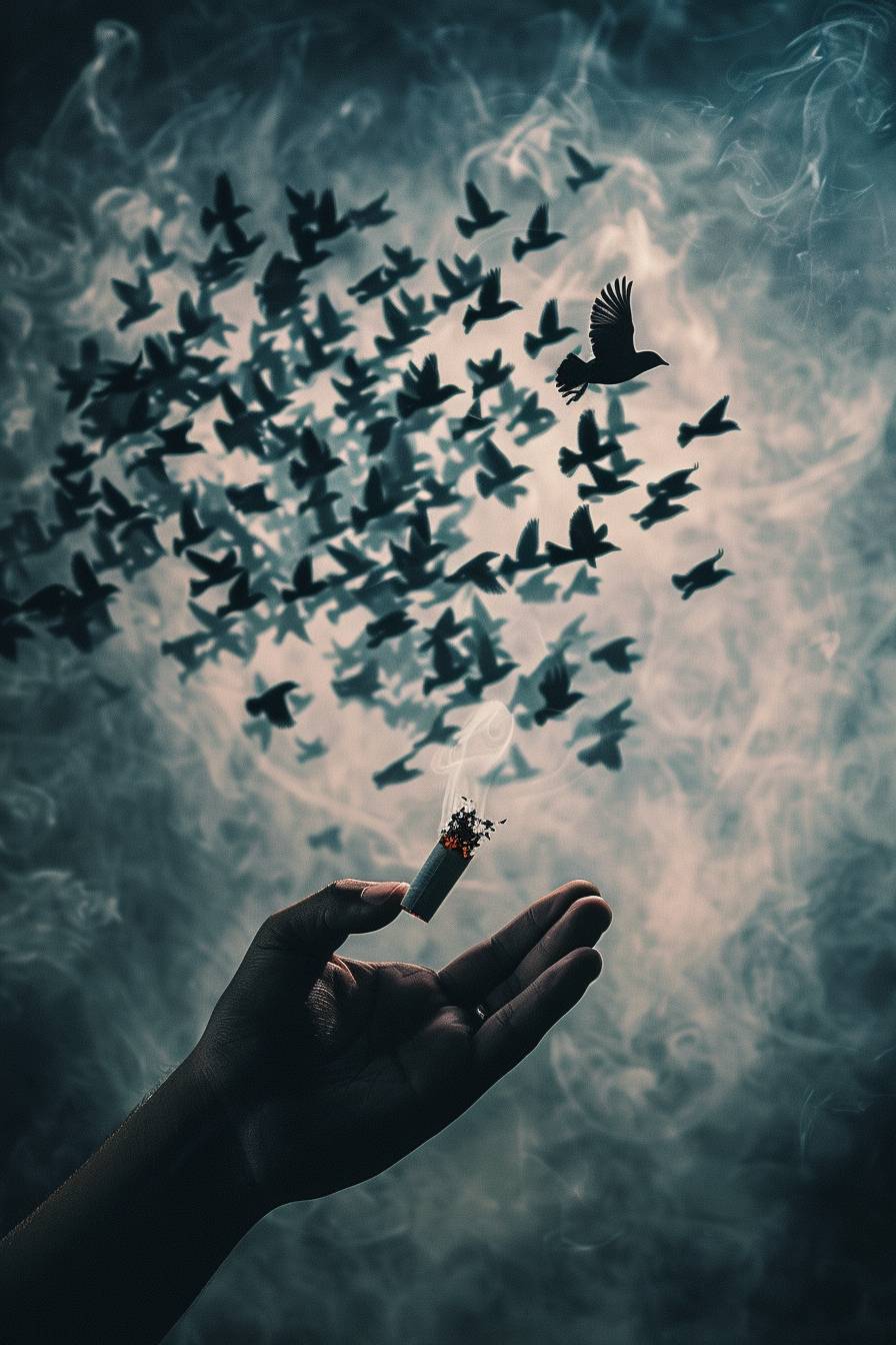 Create an image of a giant cigarette transforming into a flock of birds, flying away from a hand reaching out to grab it. This illustrates the freedom from the illusion and grasp of tobacco addiction.