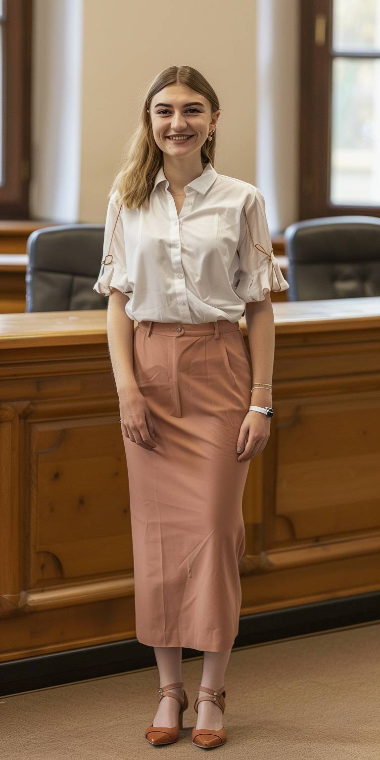 Full body classic photo showing an elegant colorful styled 23-year-old German female attractive beautiful junior judge with a slim model-like body and a random hairstyle and haircut, from shoes to the head, smiling and looking friendly, wearing a stylish miniskirt in one arbitrary vibrant color and a chic blouse in one random vibrant unicolor, standing in a traditional courtroom, nice homogeneous bright natural lighting.