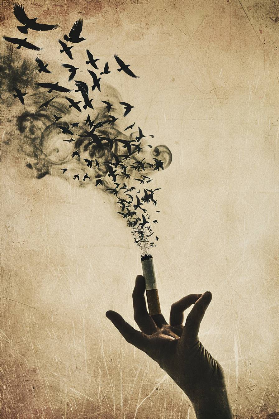 Create an image of a giant cigarette transforming into a flock of birds, flying away from a hand reaching out to grab it. This illustrates the freedom from the illusion and grasp of tobacco addiction.