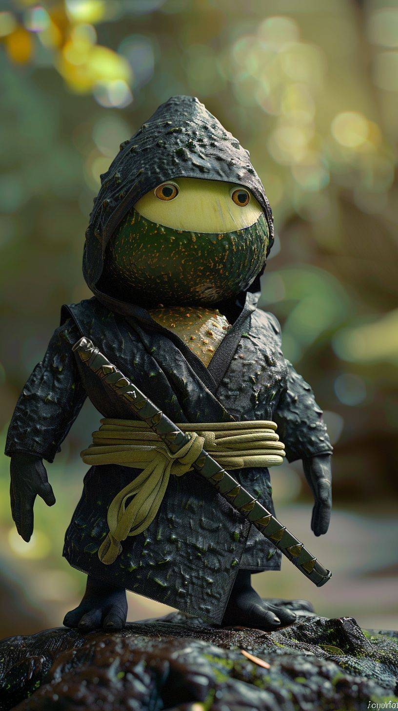 An avocado dressed as a ninja. Digital art.