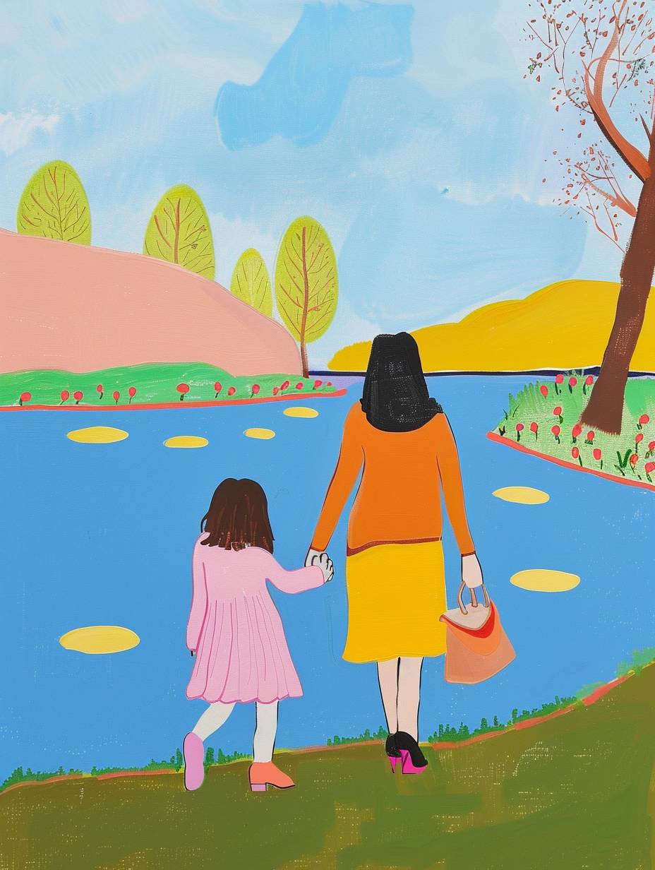 10歳の少女と彼女のお母さんが春の川のそばを歩いている、ジョーン・コルネリア作。