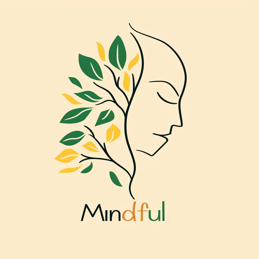 Minimalist logo for a psychologist showing a pensive face and a tree and the text 'Mindful', abstract line art, vector illustration simple flat style design, beige background, green and yellow color palette, simple one-line vector illustration in the style of psychology design