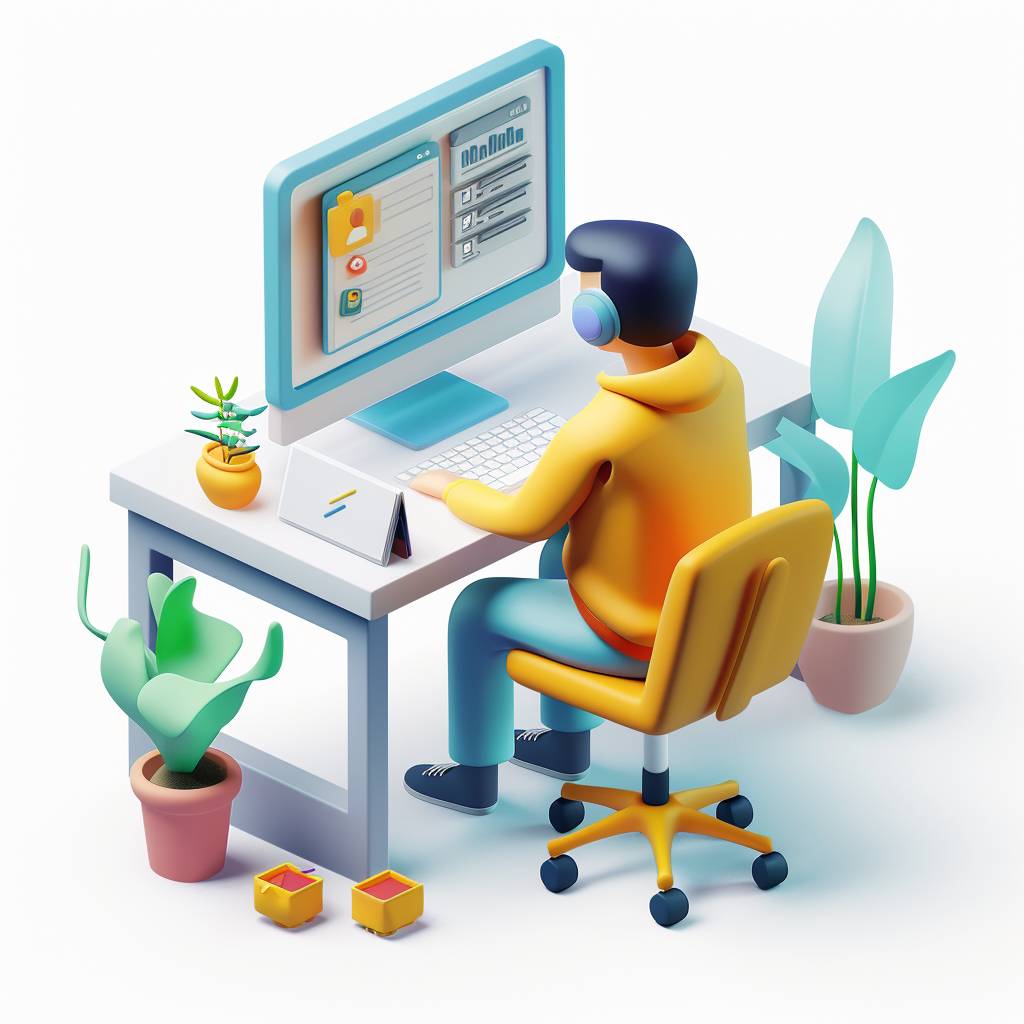 3D isometric illustration, a user at a computer making important decisions, on a white background