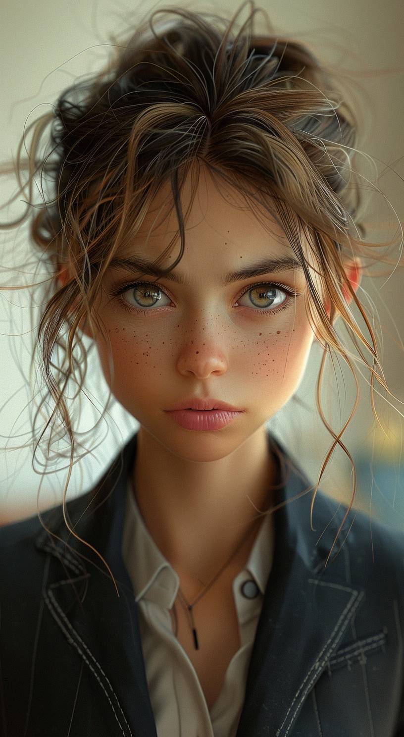 A young girl in a business suit with a very angry expression, in the style of Unreal Engine 5, cartoonish caricatures, I can't believe how beautiful this is, animated GIFs, life-like avian illustrations, close-up, soft, romantic scenes