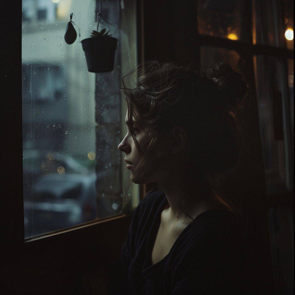 ローキーフォトグラフィー、部屋の窓の外を見つめる少女、暗く暖かい都市型アパートメントからのクローズアップアングル、激しいコントラスト、影、最小限の照明、深いブラック、ムーディーな雰囲気、キアロスクーロ、豊かな質感、詳細な構図、35mmで撮影