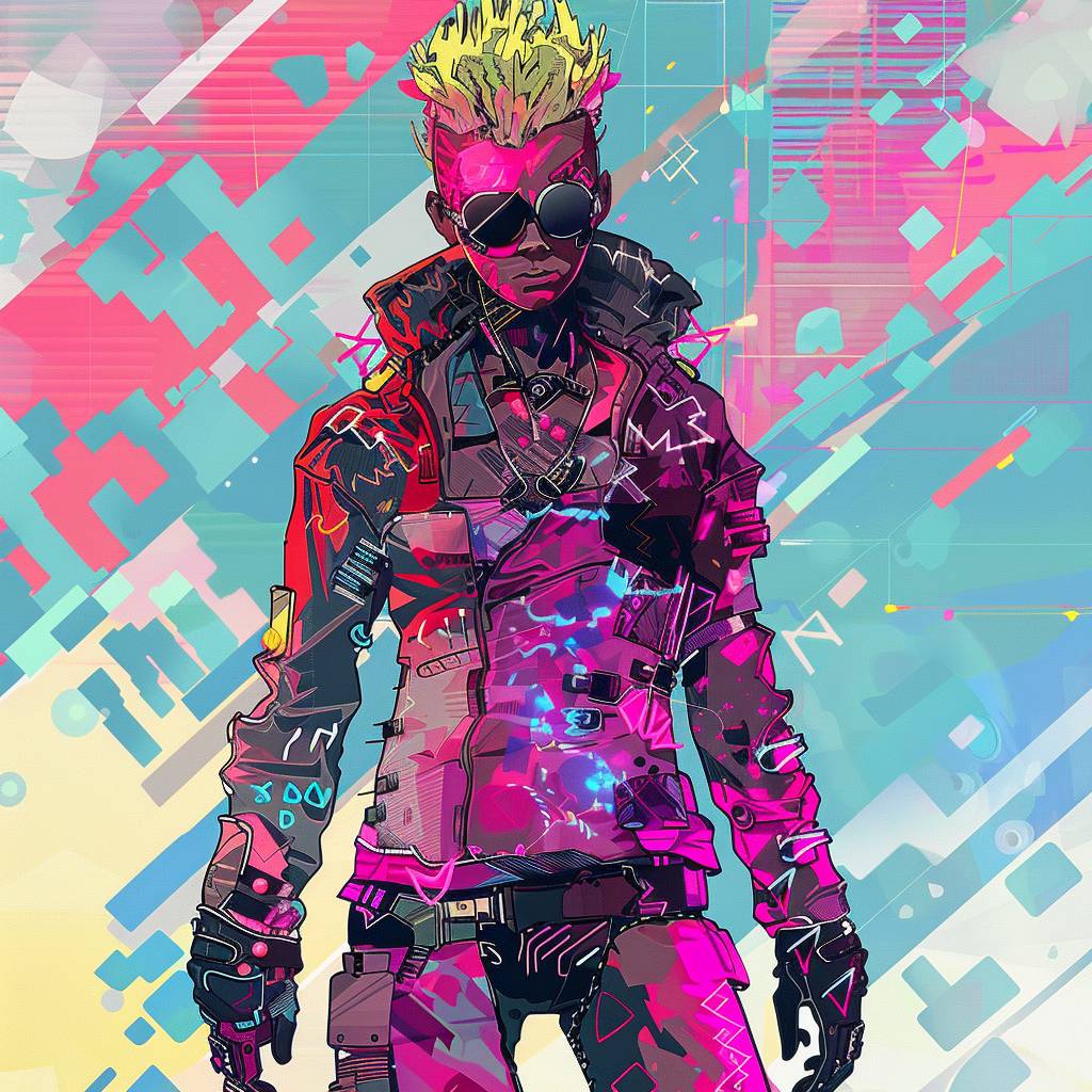 [Your character] in the style of vector art, digital art, flat design, vibrant colors, cyberpunk, digital background, fantasy, anime, pixel art, glitchy, pixelated