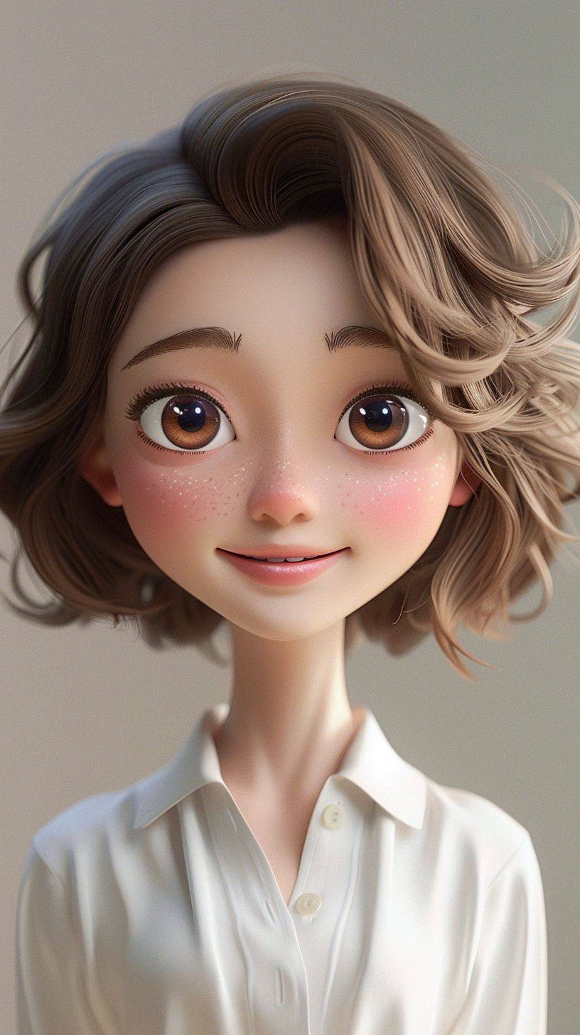 3D cartoon of an adorable Chinese girl with short, wavy brown hair and big eyes in the style of Pixar animation. She has soft features on her face, wearing a white blouse, smiling softly at the camera, showcasing a playful yet elegant aesthetic.