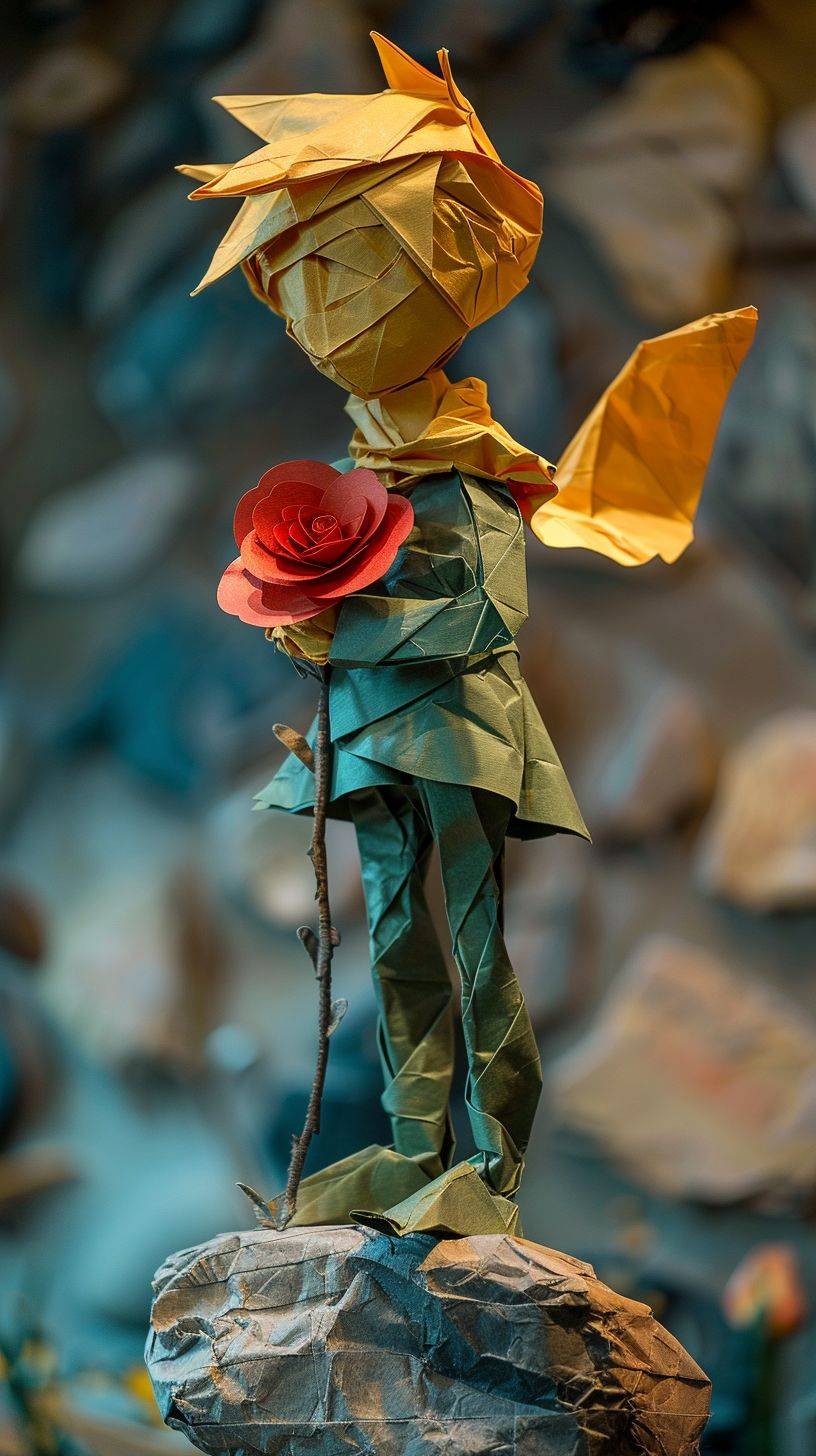 The little prince and the red rose, yellow hair, blue or green clothes, origami art, photo taken with Nikon D750, inventive character designs, Chinapunk, taxidermy, fluorescent colors, paper sculptures