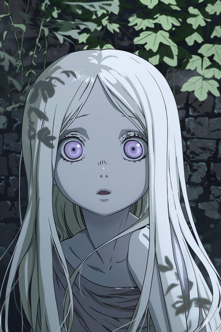 Film frame of pale albino girl with long white hair and light purple eye, large iris, simple cartoon style of Over the Garden Wall