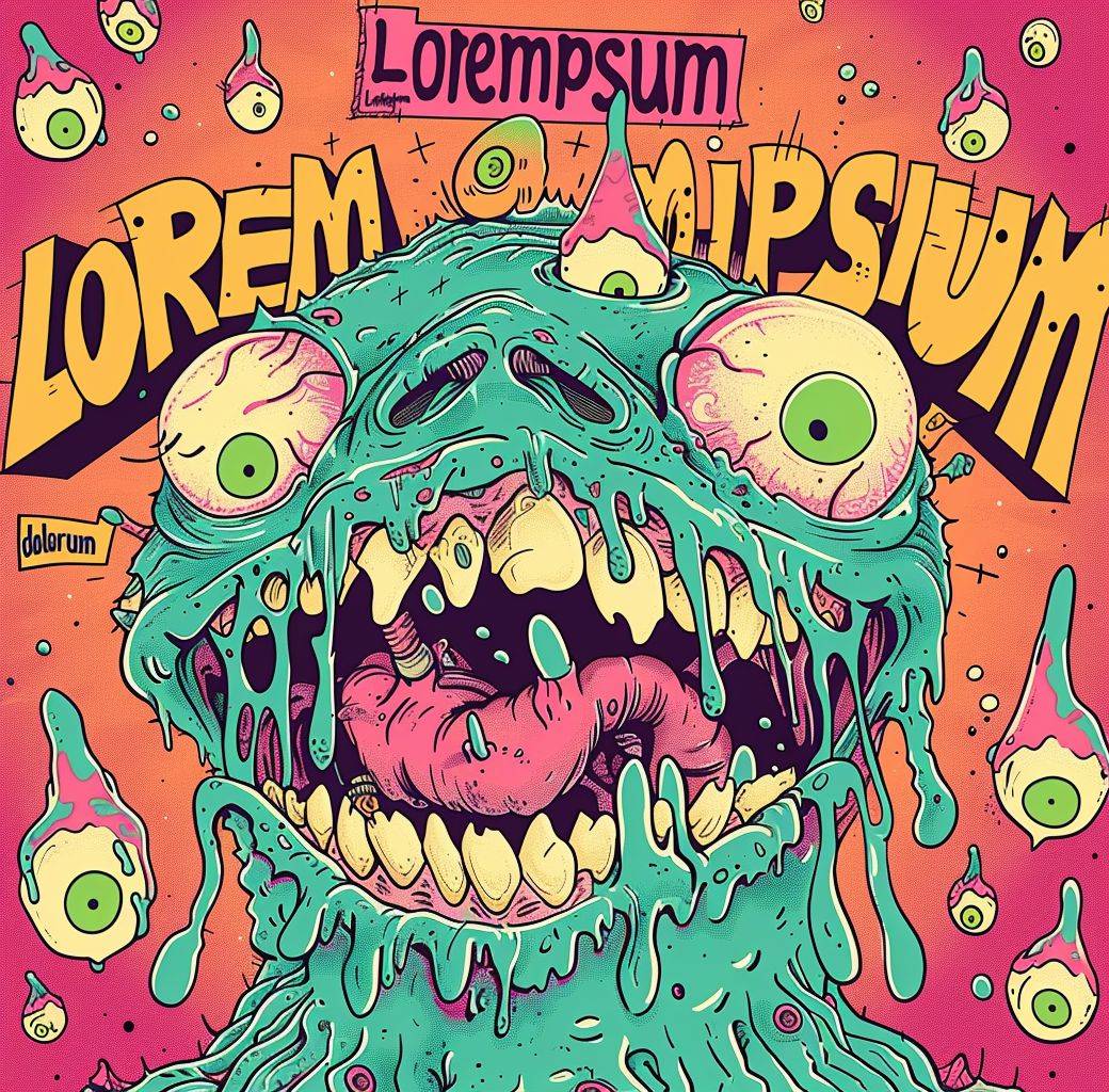 A cartoon drawing of an illustration in the style of Peter Bagge, depicting a melting monster with three eyes and pink lipstick on its lips, with text 'Loremipsum' written around it in a fun font. The background is pink and orange with small green patterns and lines, giving a vibrant and playful vibe to the overall design. A cartoon monster with green eyes, pink skin, and slime dripping from its mouth is on the cover of an album in pastel colors, with text 'Lorem' and 'dolorum' written around it. The background has colorful patterns. In the style of pop art and comic book art. The illustration features bright colors, flat shapes, and bold outlines.