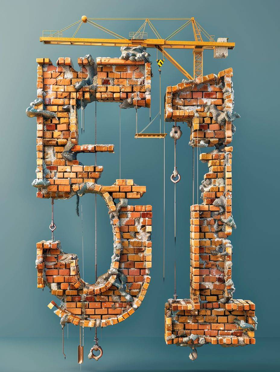 The number "51" is made of bricks, and it is built by cranes, cartoons, with an upward view, minimalist, isolated on a simple background --ar 3:4 --stylize 200