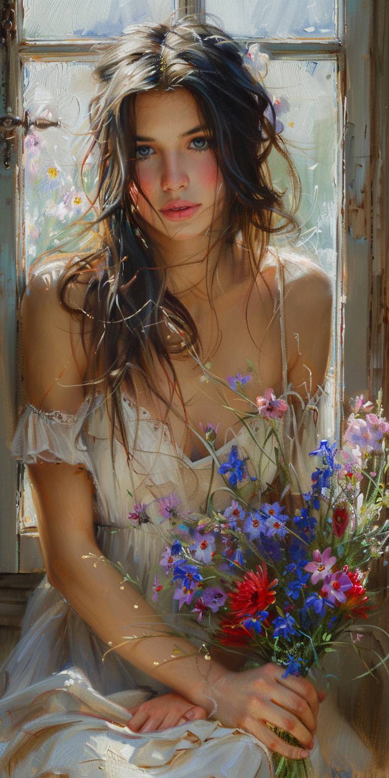 Oil painting of a beautiful girl in a summer dress sitting by a window holding flowers, in the style of richly detailed impressionist paintings, Claude Monet, delicate brushstrokes, light amber, soft tones, I can't believe how beautiful this is